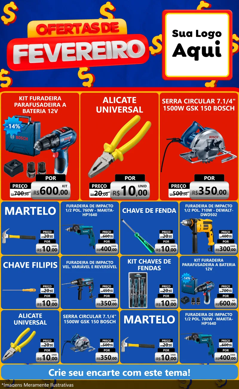 Modelo de Encarte para Encarte Grande com o tema Ofertas de Fevereiro para Maquinas e Ferramentas