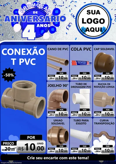 Modelo de Encarte para Encarte A4 Vertical com o tema Promoção de Aniversário - 4 Anos para Tubos e conexões