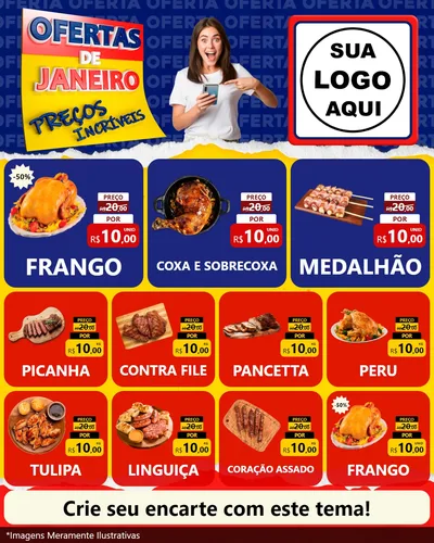 Modelo de Rede Social para Feed Instagram com o tema Ofertas de Janeiro - Preços Incríveis para Assados