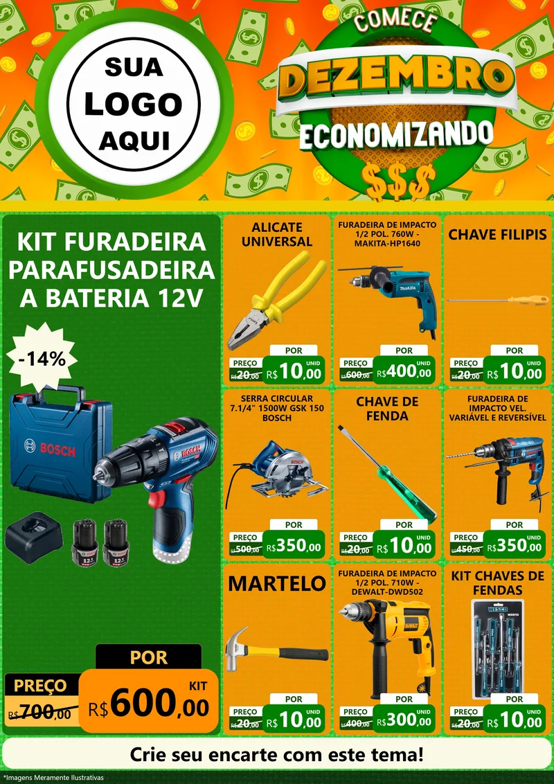 Modelo de Encarte para Encarte A4 Vertical com o tema Comece Dezembro Economizando para Maquinas e Ferramentas