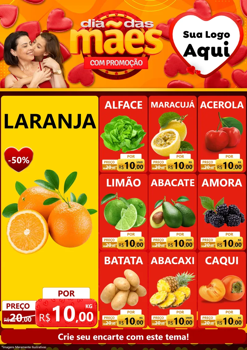 Modelo de Encarte para Encarte A4 Vertical com o tema Dia das Mães com Promoção para Hortifrúti