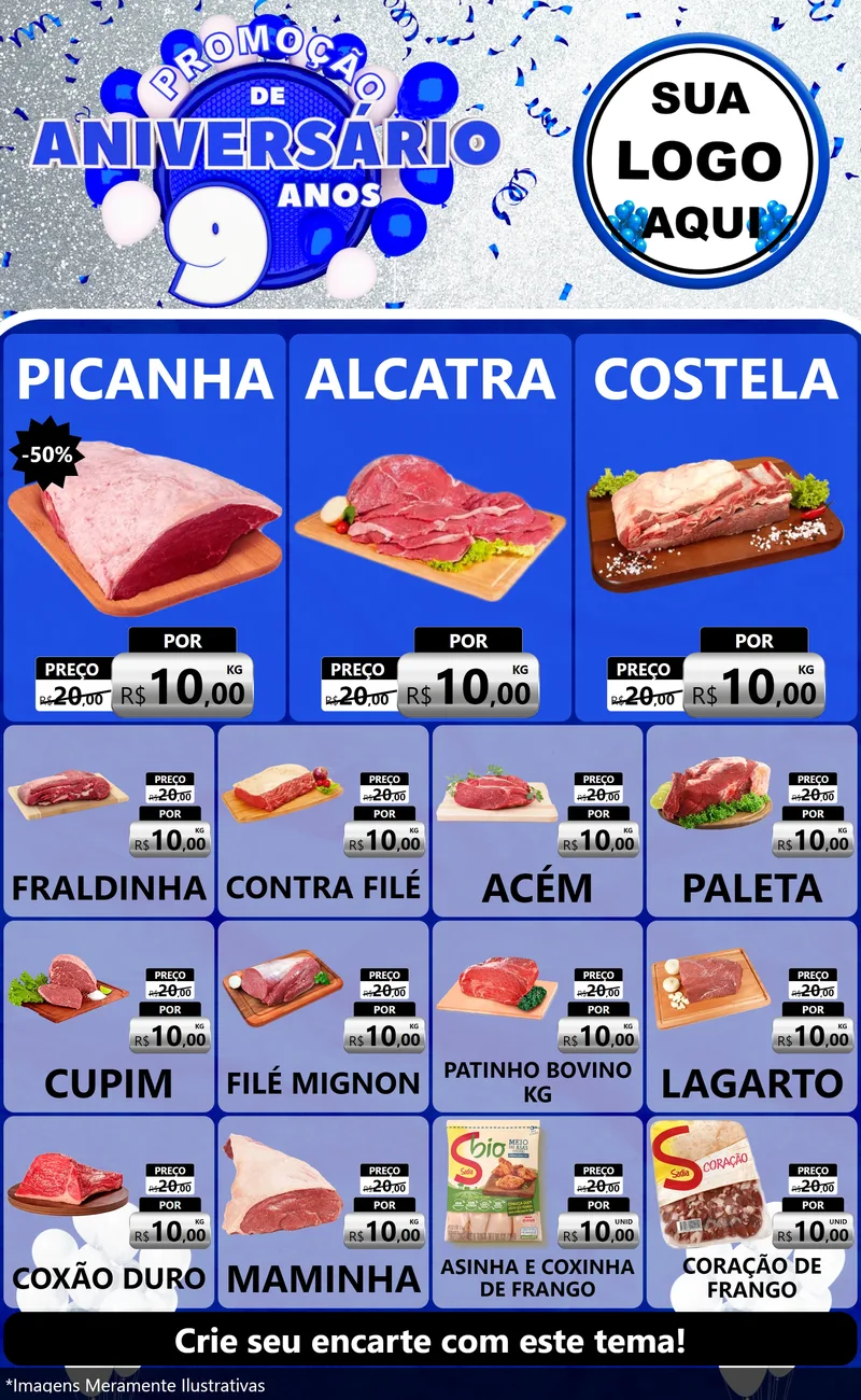 Modelo de Encarte para Encarte Grande com o tema Promoção de Aniversário - 9 Anos para Açougue