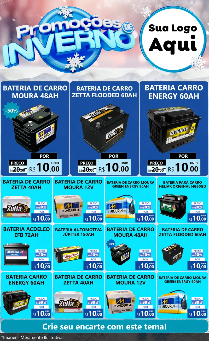 Modelo de Encarte para Encarte Grande com o tema Promoções de Inverno para Baterias Elétricas