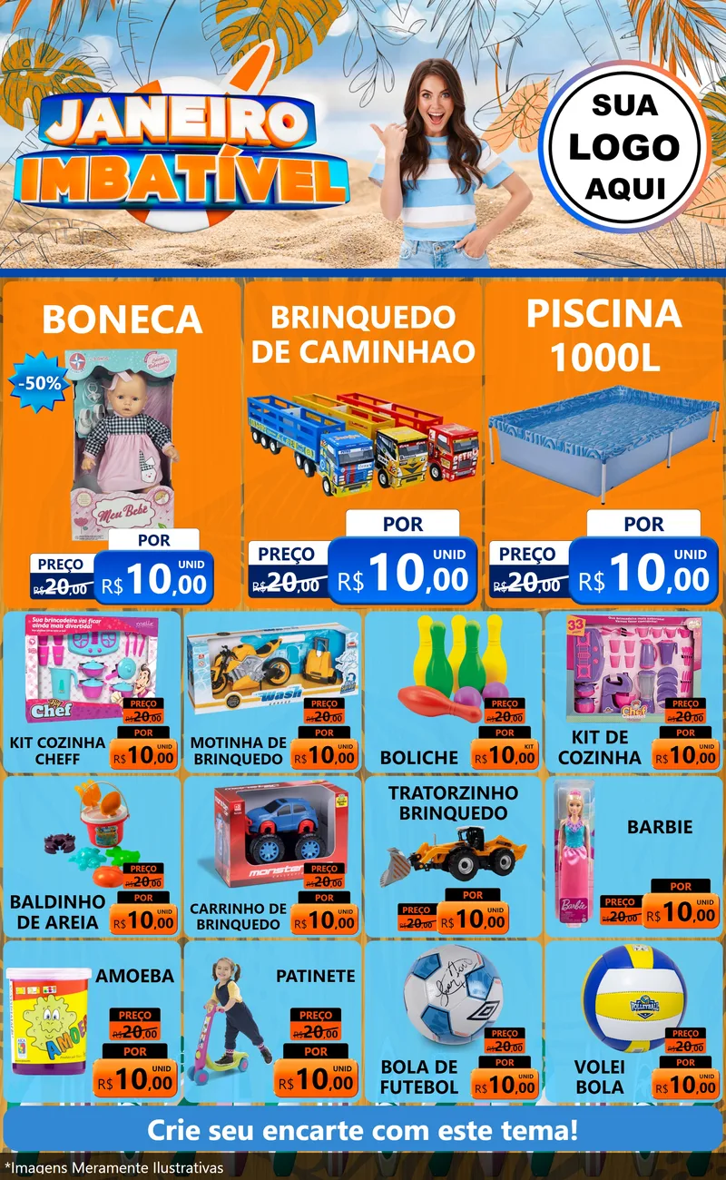 Modelo de Encarte para Encarte Grande com o tema Janeiro Imbatível para Brinquedos