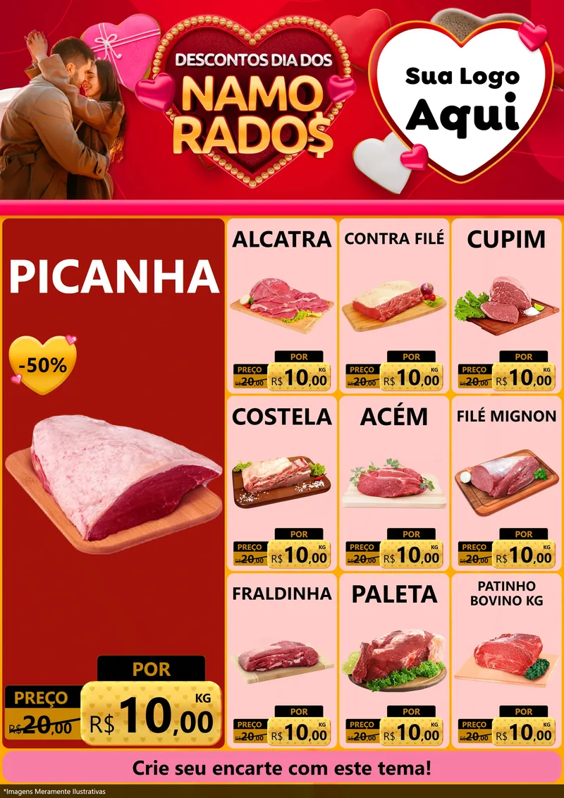 Modelo de Encarte para Encarte A4 Vertical com o tema Descontos Dia dos Namorados para Açougue