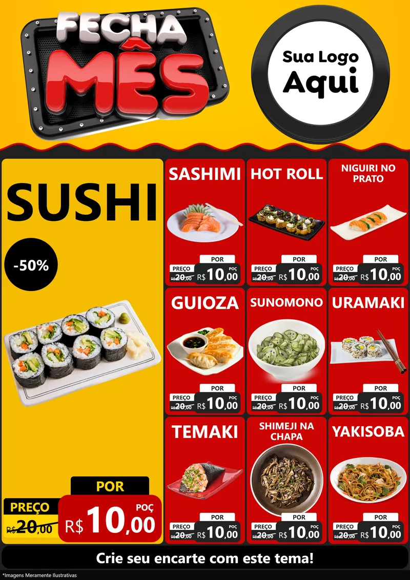 Modelo de Encarte para Encarte A4 Vertical com o tema Fecha Mês para Comida japonesa