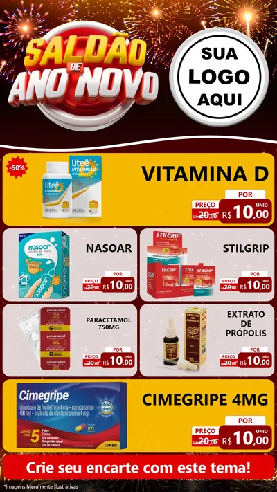 Modelo de TV para TV Vertical com o tema Saldão de Ano Novo para Farmácia