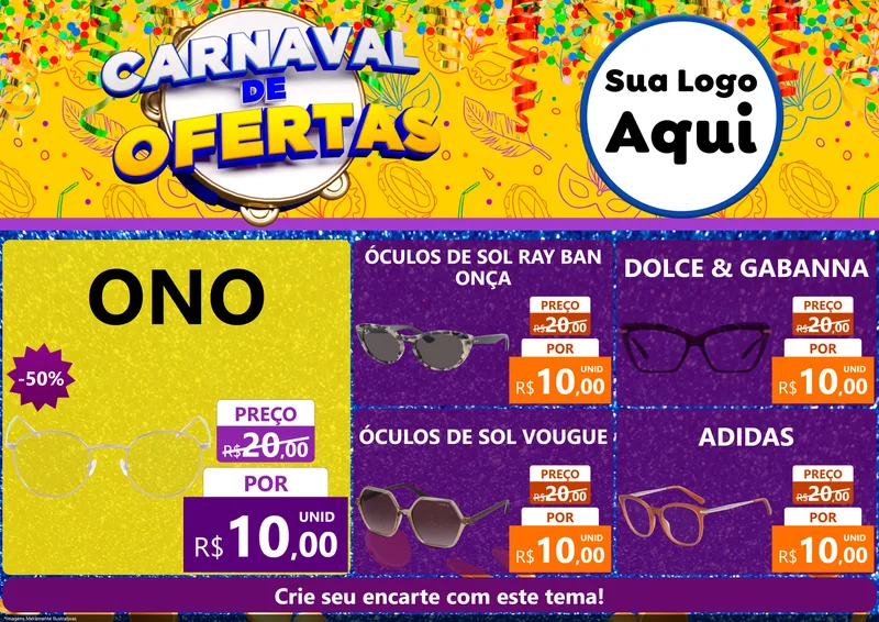Modelo de Encarte para Encarte A4 Horizontal com o tema Carnaval de Ofertas para Óticas
