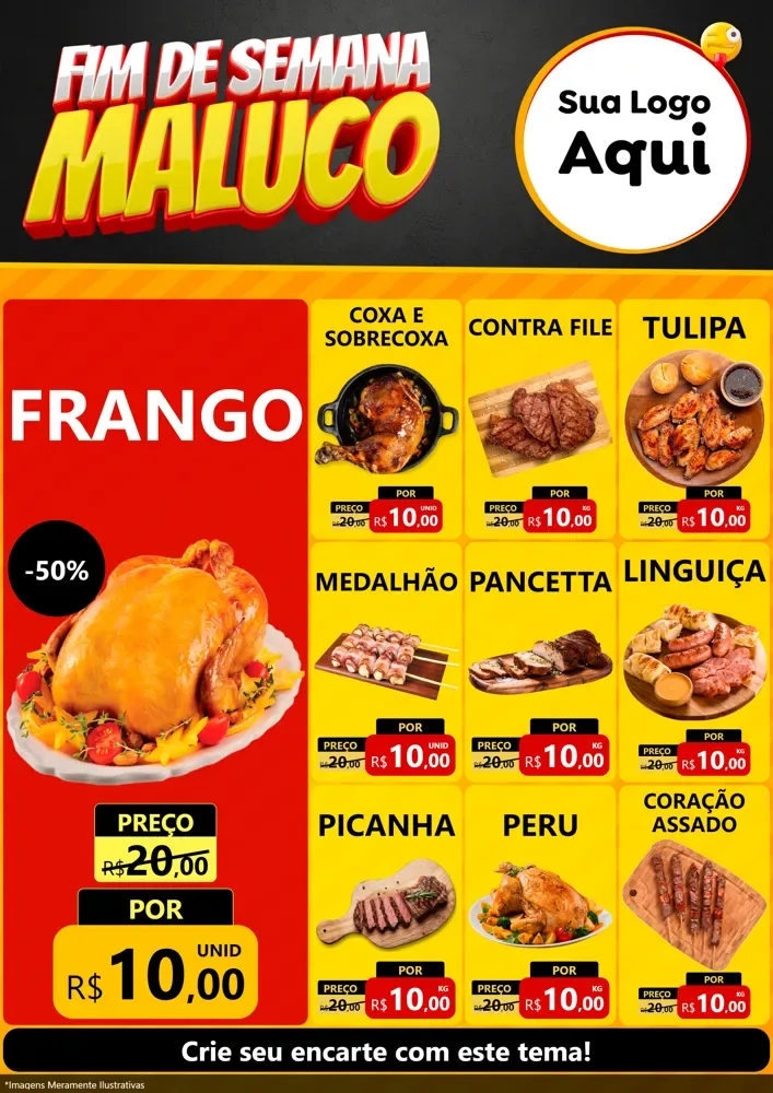 Modelo de Encarte para Encarte A4 Vertical com o tema Final de Semana Maluco para Assados