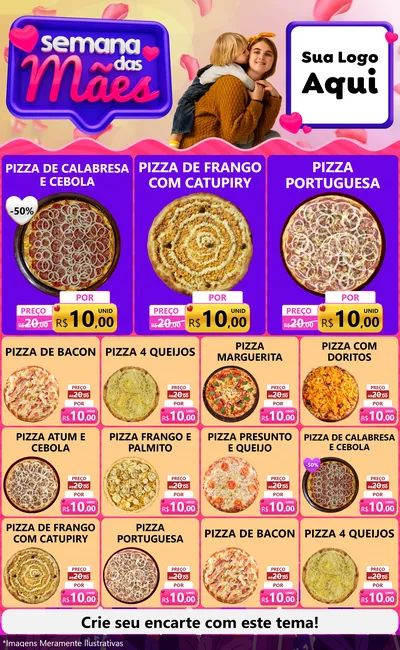 Modelo de Encarte para Encarte Grande com o tema Semana das Mães para Pizzaria
