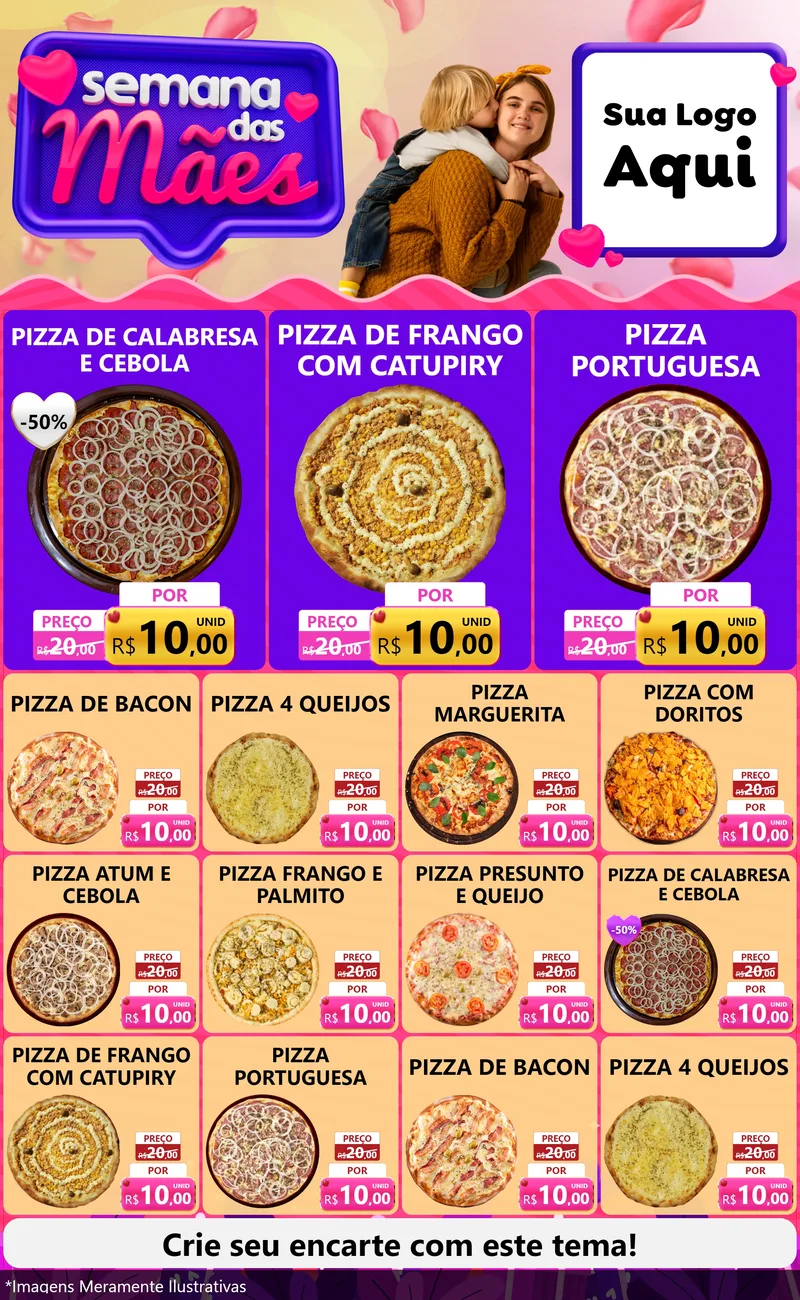 Modelo de Encarte para Encarte Grande com o tema Semana das Mães para Pizzaria
