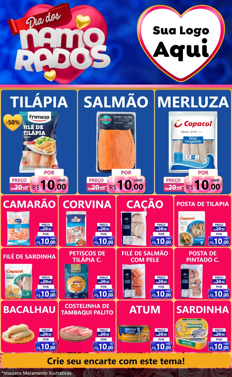 Modelo de Encarte para Encarte Grande com o tema Dia dos namorados para Peixaria