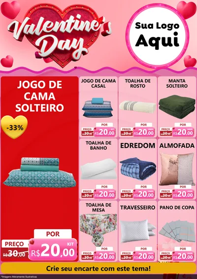 Modelo de Encarte para Encarte A4 Vertical com o tema Valentine's Day para Cama, Mesa e Banho