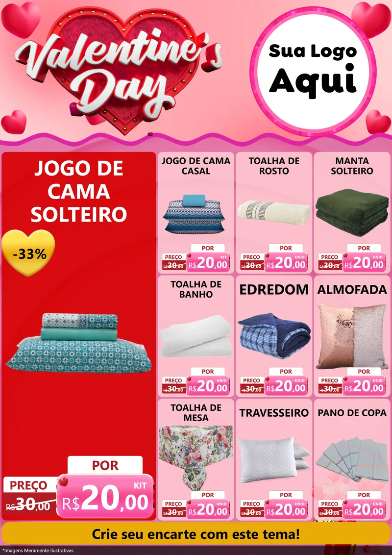 Modelo de Encarte para Encarte A4 Vertical com o tema Valentine's Day para Cama, Mesa e Banho