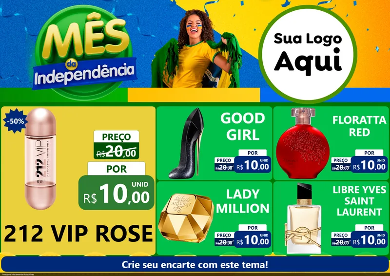 Modelo de Encarte para Encarte A4 Horizontal com o tema Mês da Independência para Perfumes
