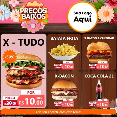 Modelo de Rede Social para Feed Facebook com o tema Primavera de Preços Baixos para Hamburgueria