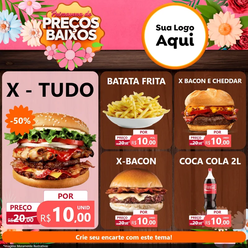 Modelo de Rede Social para Feed Facebook com o tema Primavera de Preços Baixos para Hamburgueria