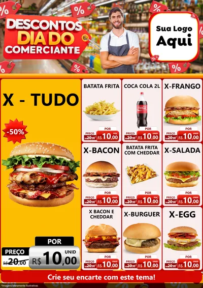 Modelo de Encarte para Encarte A4 Vertical com o tema Descontos Dia do Comerciante para Hamburgueria