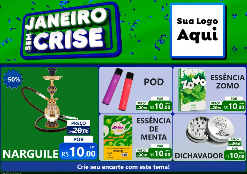 Modelo de Encarte para Encarte A4 Horizontal com o tema Janeiro Sem Crise para Tabacaria