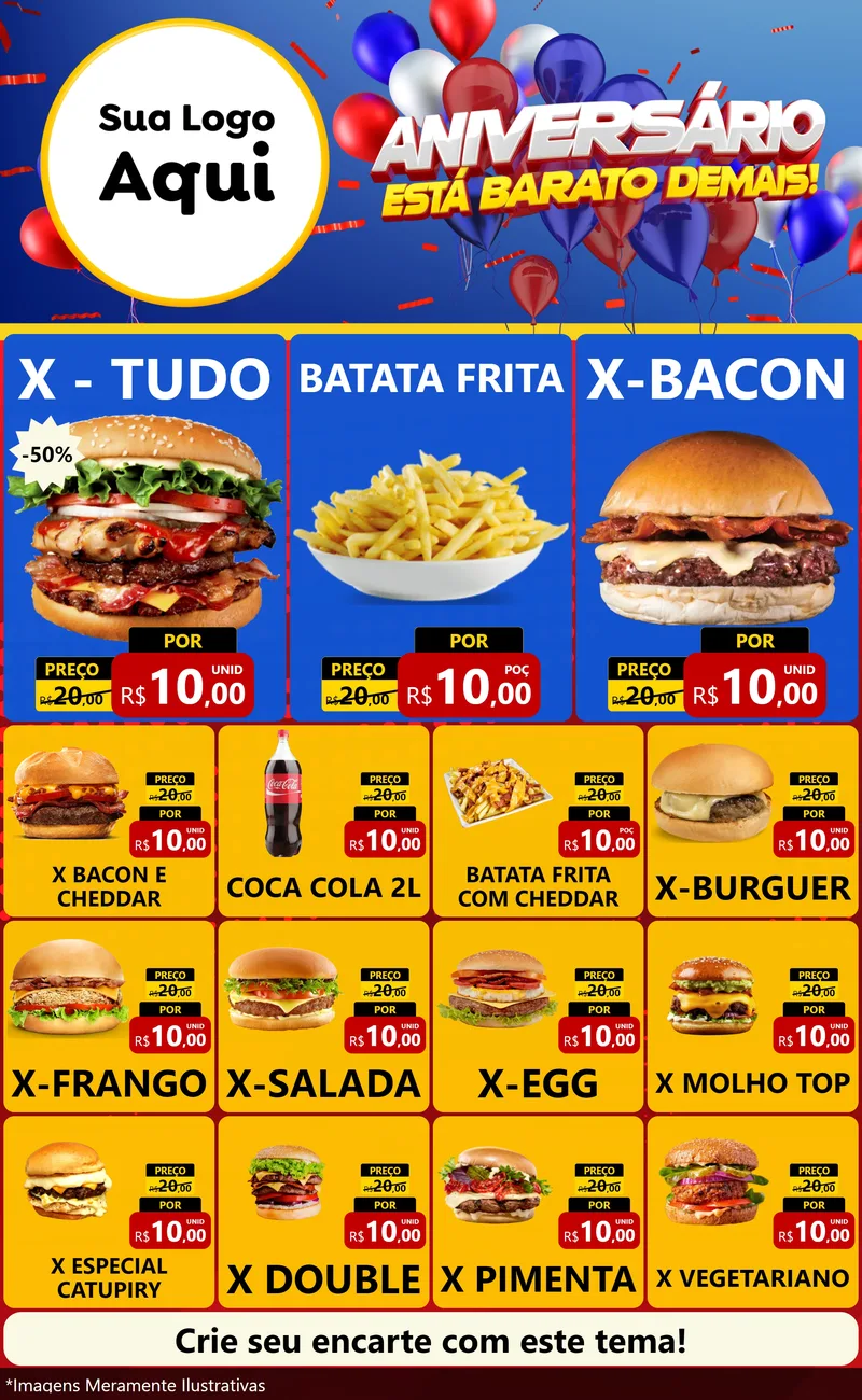 Modelo de Encarte para Encarte Grande com o tema Aniversário para Hamburgueria