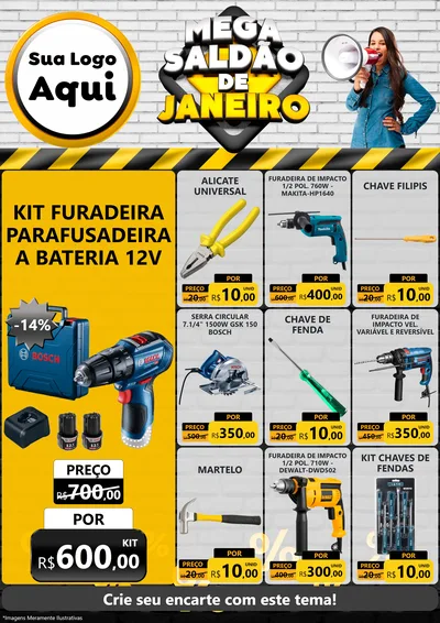 Modelo de Encarte para Encarte A4 Vertical com o tema Mega Saldão de Janeiro para Maquinas e Ferramentas