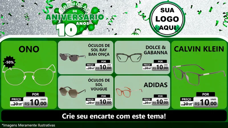 Modelo de TV para TV Horizontal com o tema Promoção de Aniversário - 10 Anos para Óticas
