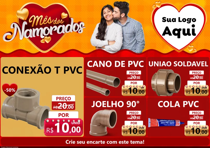 Modelo de Encarte para Encarte A4 Horizontal com o tema Mês dos Namorados para Tubos e conexões