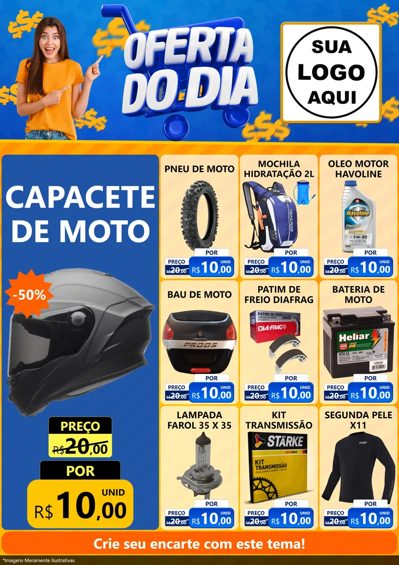 Modelo de Encarte para Encarte A4 Vertical com o tema Oferta do Dia para Moto peças