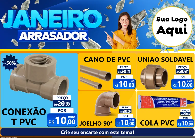 Modelo de Encarte para Encarte A4 Horizontal com o tema Janeiro Arrasador para Tubos e conexões