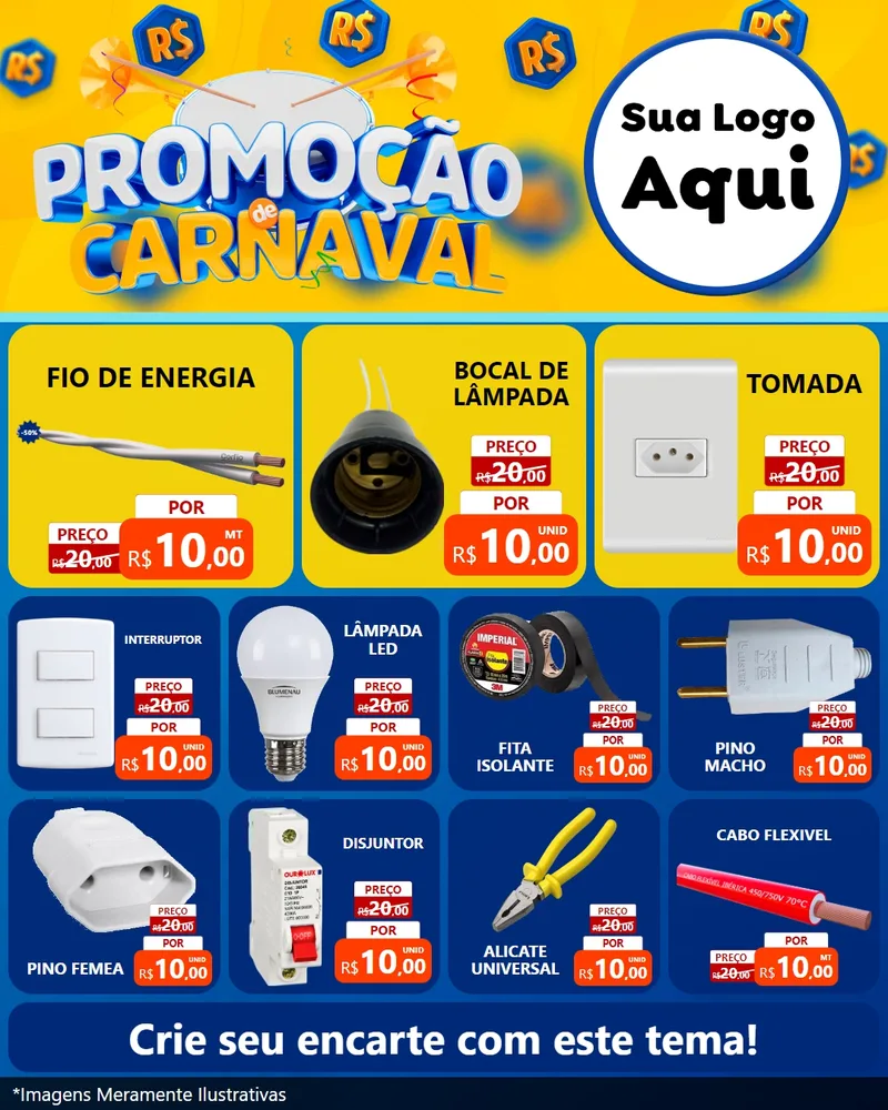 Modelo de Rede Social para Feed Instagram com o tema Promoção de Carnaval para Materiais Elétricos