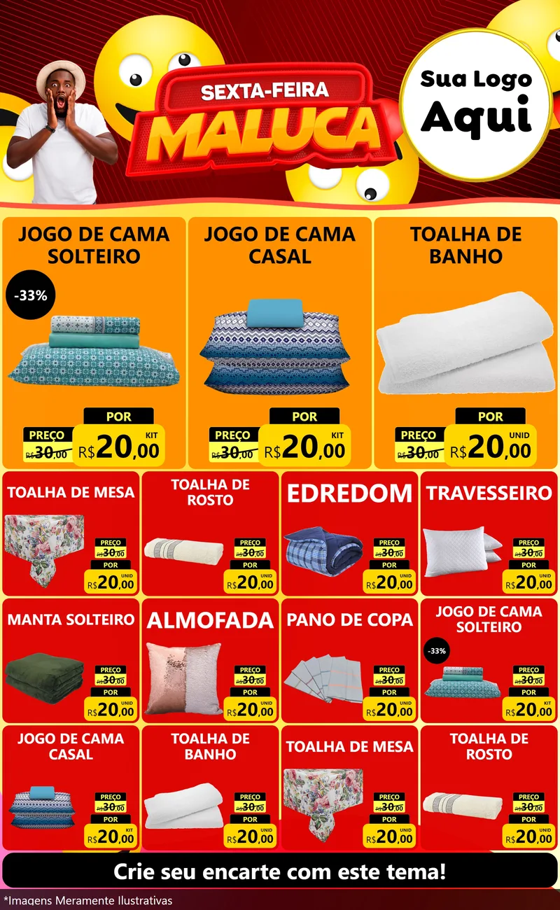 Modelo de Encarte para Encarte Grande com o tema Sexta-feira Maluca para Cama, Mesa e Banho