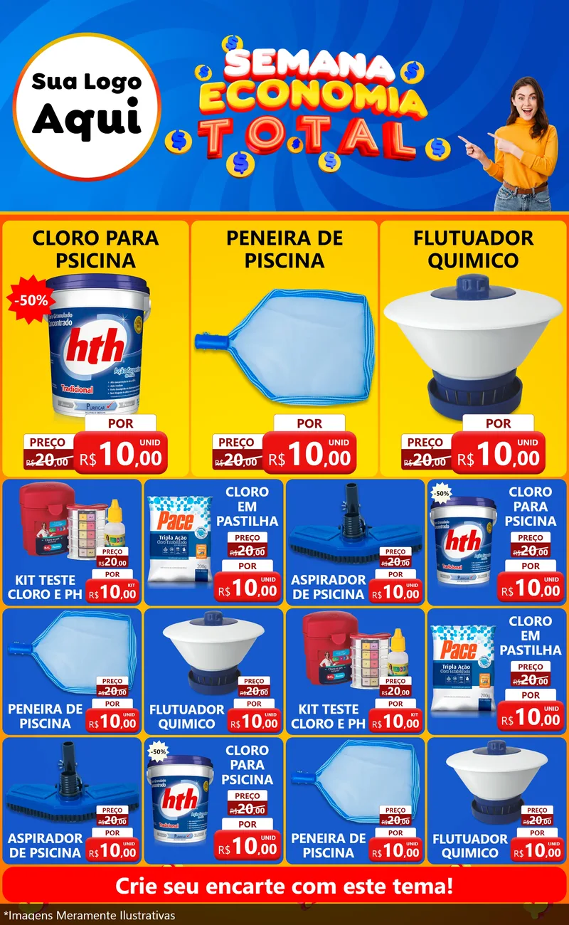 Modelo de Encarte para Encarte Grande com o tema Semana Economia Total para Produtos para Piscina