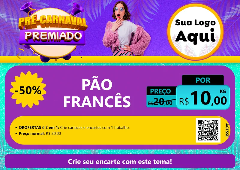 Modelo de Cartaz para Cartaz A4 Horizontal com o tema Pré-Carnaval Premiado para Padaria