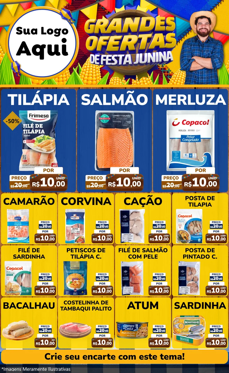 Modelo de Encarte para Encarte Grande com o tema Grandes Ofertas de Festa Junina para Peixaria