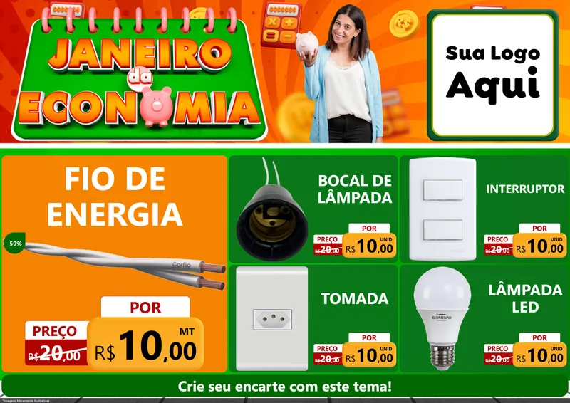 Modelo de Encarte para Encarte A4 Horizontal com o tema Janeiro da Economia para Materiais Elétricos