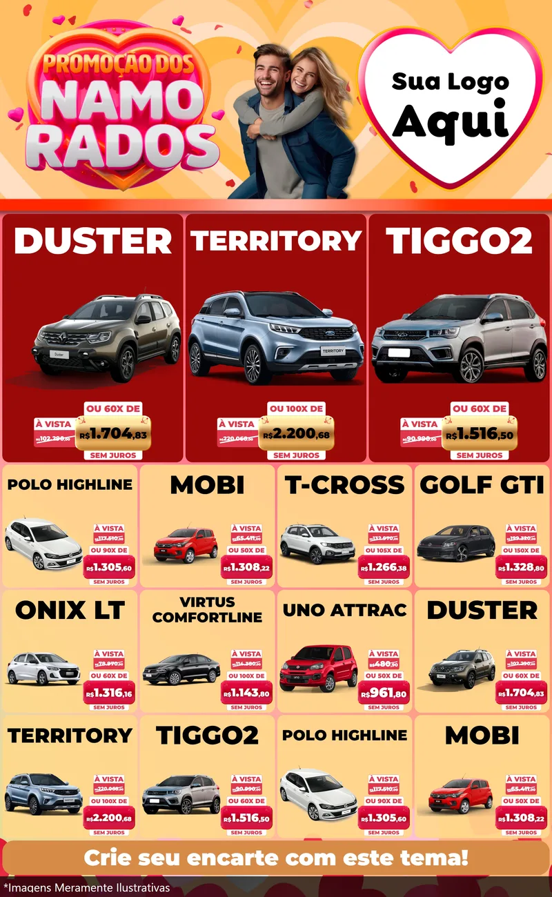 Modelo de Encarte para Encarte Grande com o tema Promoção dos Namorados para Concessionaria de Carros