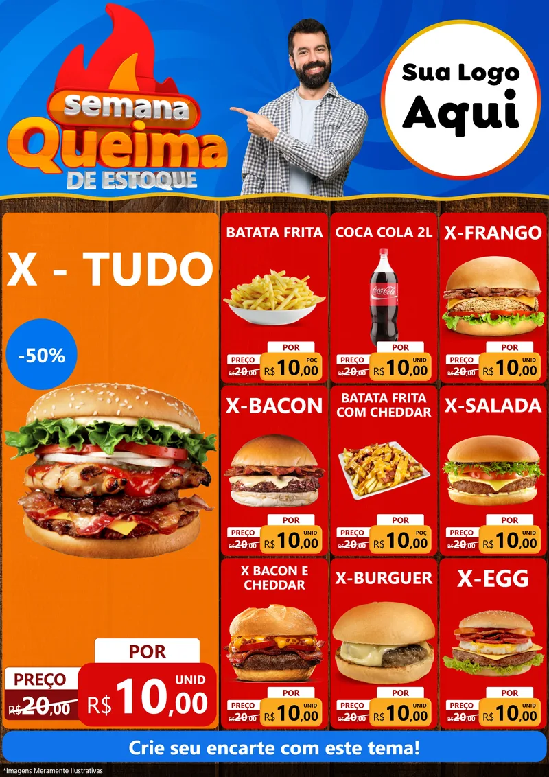 Modelo de Encarte para Encarte A4 Vertical com o tema Semana Queima de Estoque para Hamburgueria