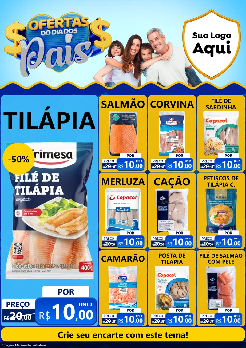 Modelo de Encarte para Encarte A4 Vertical com o tema Ofertas do Dia dos Pais para Peixaria