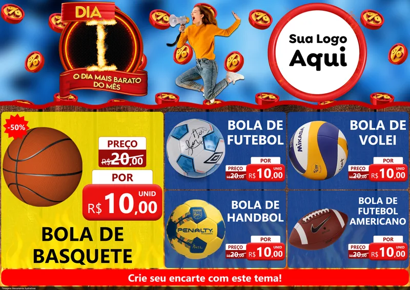 Modelo de Encarte para Encarte A4 Horizontal com o tema Dia I - O Dia Mais Barato Do Mês para Artigos Esportivos