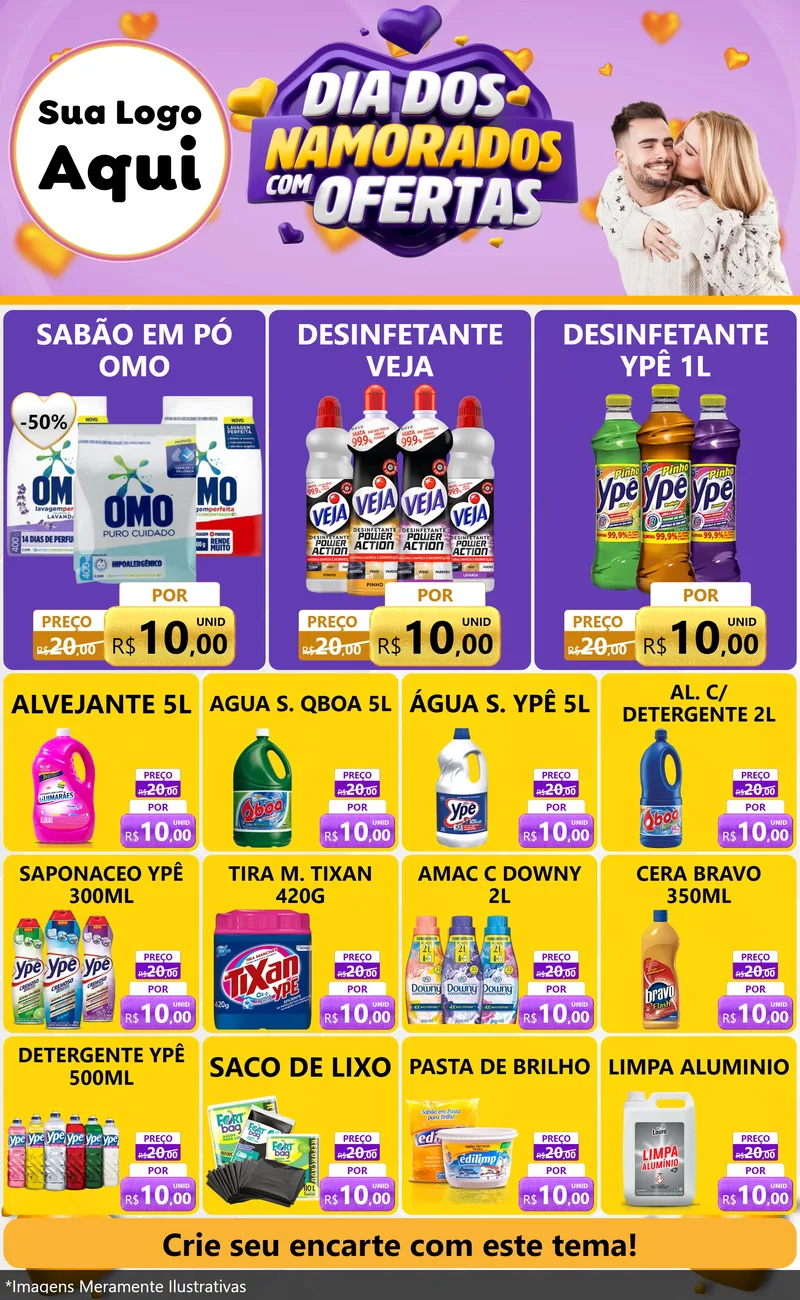 Modelo de Encarte para Encarte Grande com o tema Dia Dos Namorados Com Ofertas para Produtos de Limpeza