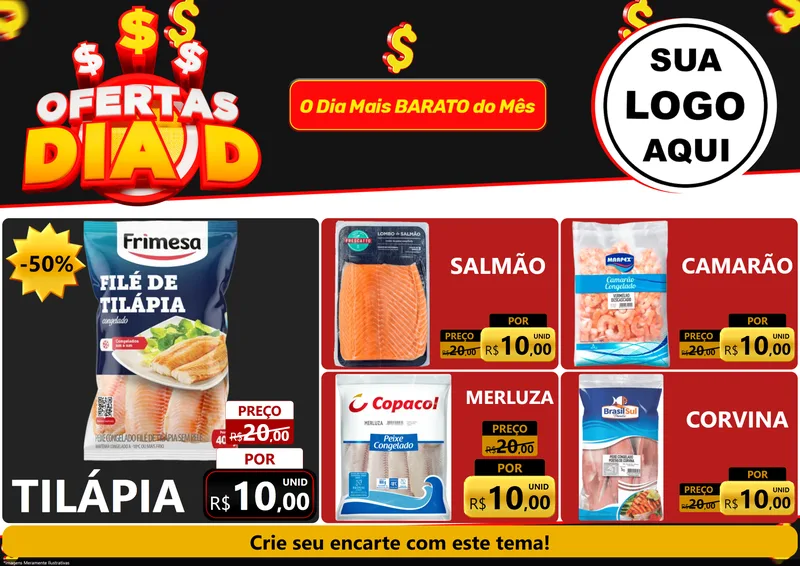 Modelo de Encarte para Encarte A4 Horizontal com o tema Ofertas Dia D para Peixaria
