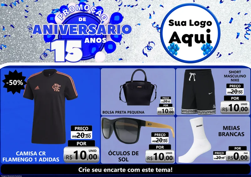 Modelo de Encarte para Encarte A4 Horizontal com o tema Promoção de Aniversário - 15 Anos para Roupas e acessórios