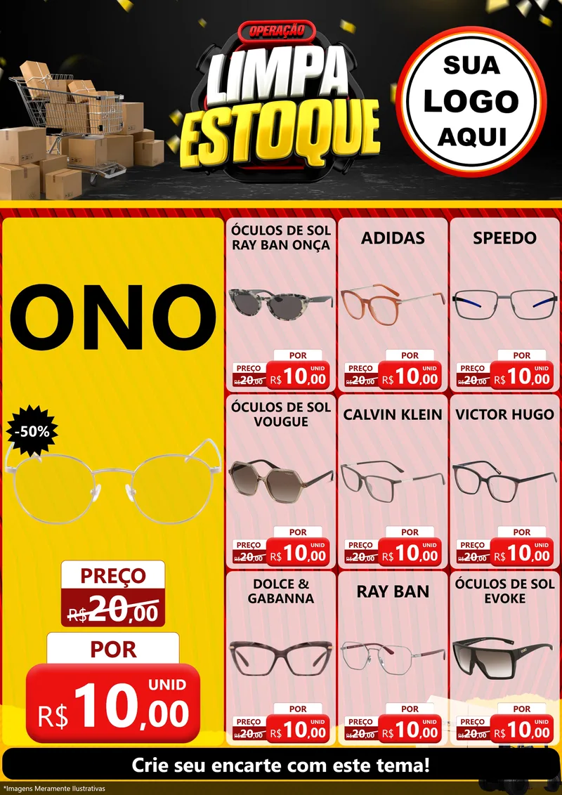 Modelo de Encarte para Encarte A4 Vertical com o tema Operação Limpa Estoque para Óticas