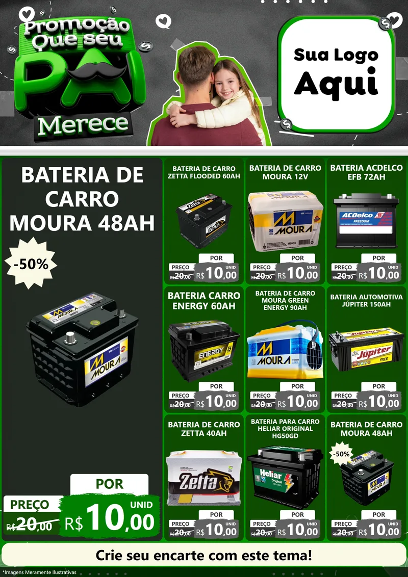 Modelo de Encarte para Encarte A4 Vertical com o tema Promoção Que seu Pai Merece para Baterias Elétricas