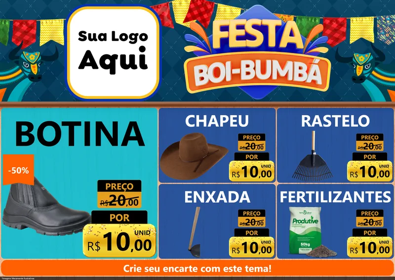Modelo de Encarte para Encarte A4 Horizontal com o tema Festa Boi Bumbá para Agropecuária