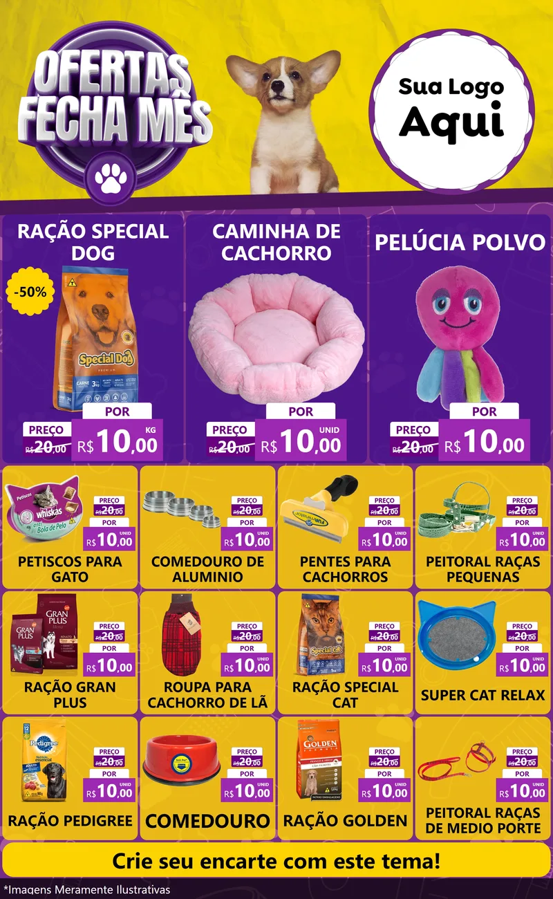 Modelo de Encarte para Encarte Grande com o tema Ofertas Fecha Mês - Pet Shop para Pet Shop
