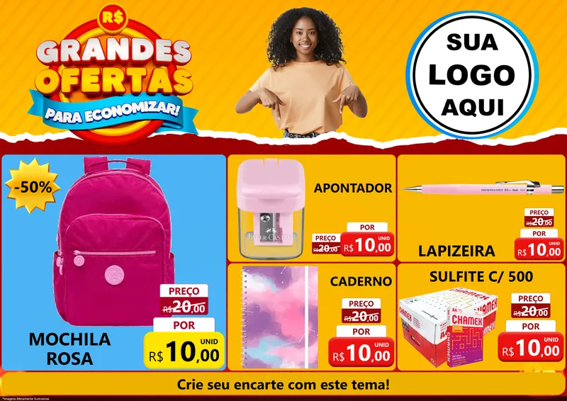Modelo de Encarte para Encarte A4 Horizontal com o tema Grandes Ofertas Para Economizar! para Papelaria