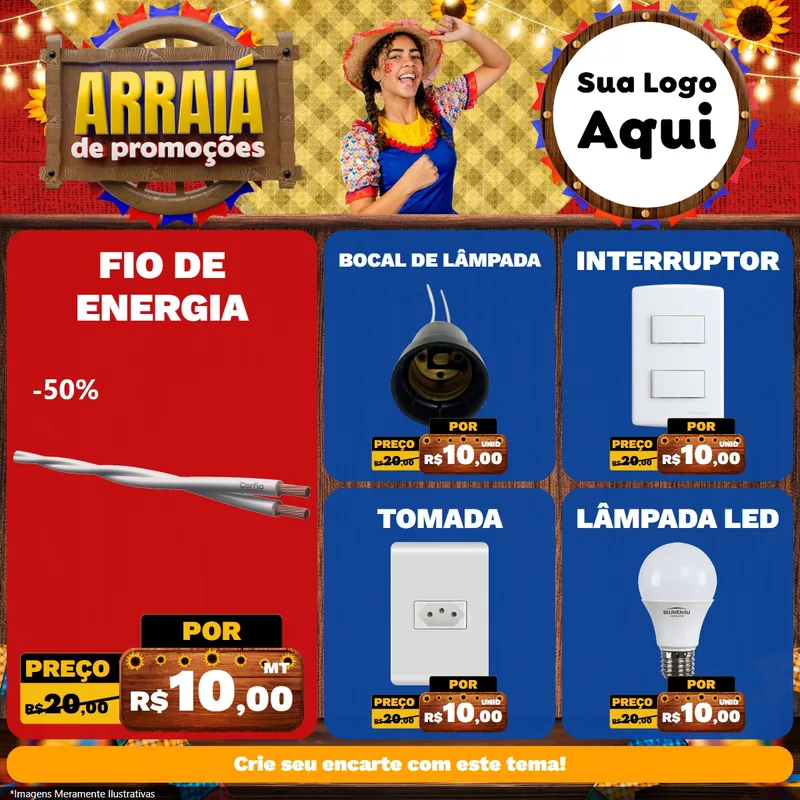 Modelo de Rede Social para Feed Facebook com o tema Arraiá de Promoções para Materiais Elétricos