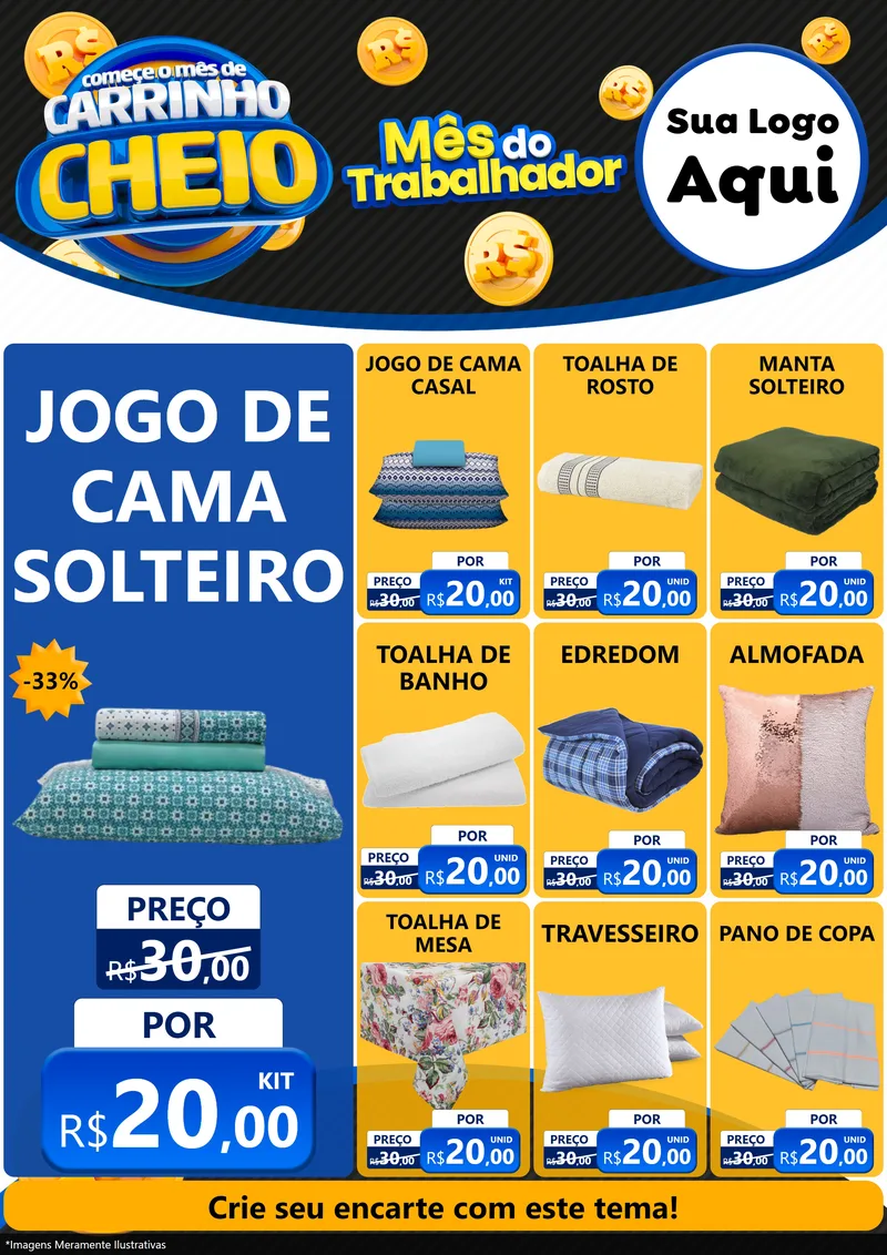 Modelo de Encarte para Encarte A4 Vertical com o tema Comece o Mês de Carrinho Cheio para Cama, Mesa e Banho