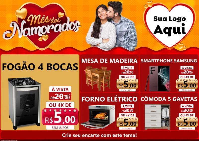 Modelo de Encarte para Encarte A4 Horizontal com o tema Mês dos Namorados para Móveis e Eletro